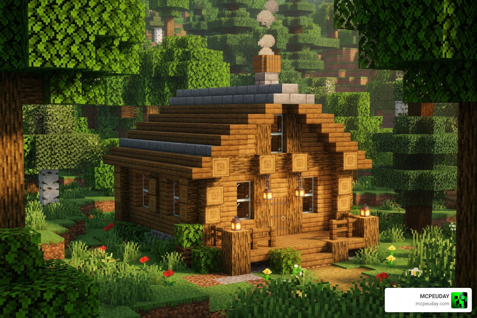 Realistic wooden house built with round logs in Minecraft PE Realistic wooden house built with round logs in Minecraft PE