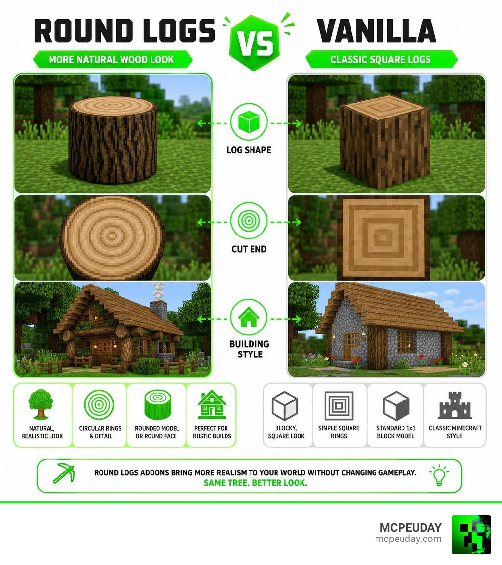 Round logs versus vanilla square logs in Minecraft Bedrock infographic Round logs versus vanilla square logs in Minecraft Bedrock infographic