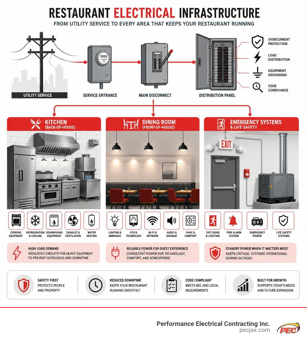 Restaurant electrical infrastructure from utility service to kitchen, dining room, and emergency systems infographic