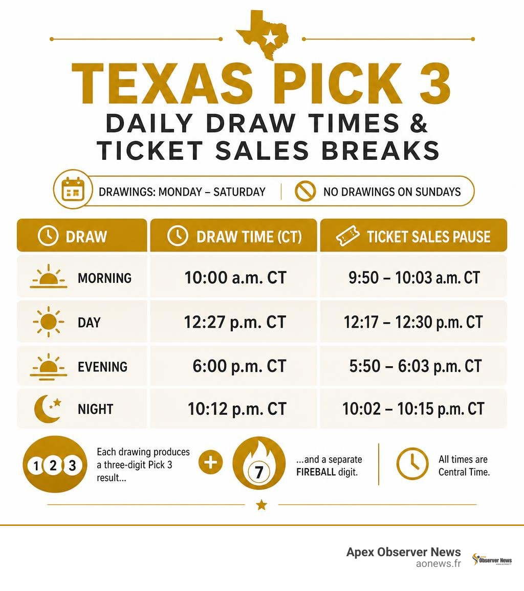 Texas Pick 3 daily draw times and ticket sales breaks infographic