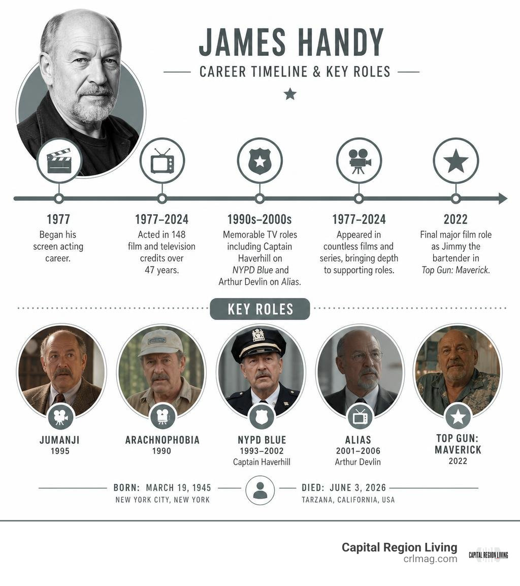 James Handy career timeline and key roles infographic James Handy career timeline and key roles infographic
