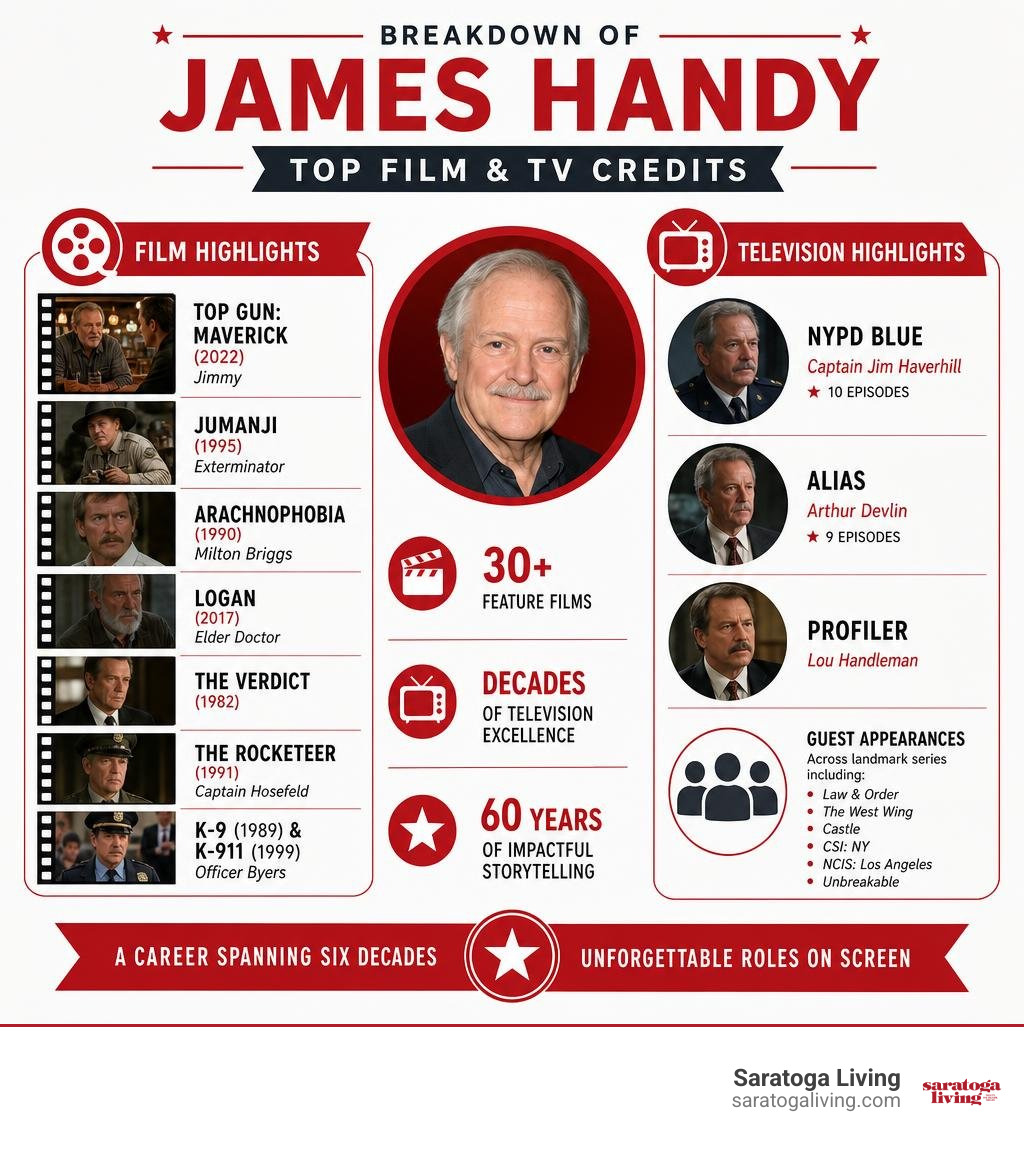 Breakdown of James Handy top film and TV credits infographic