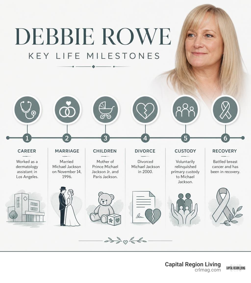 Debbie Rowe key life milestones: career, marriage, children, divorce, custody, recovery infographic