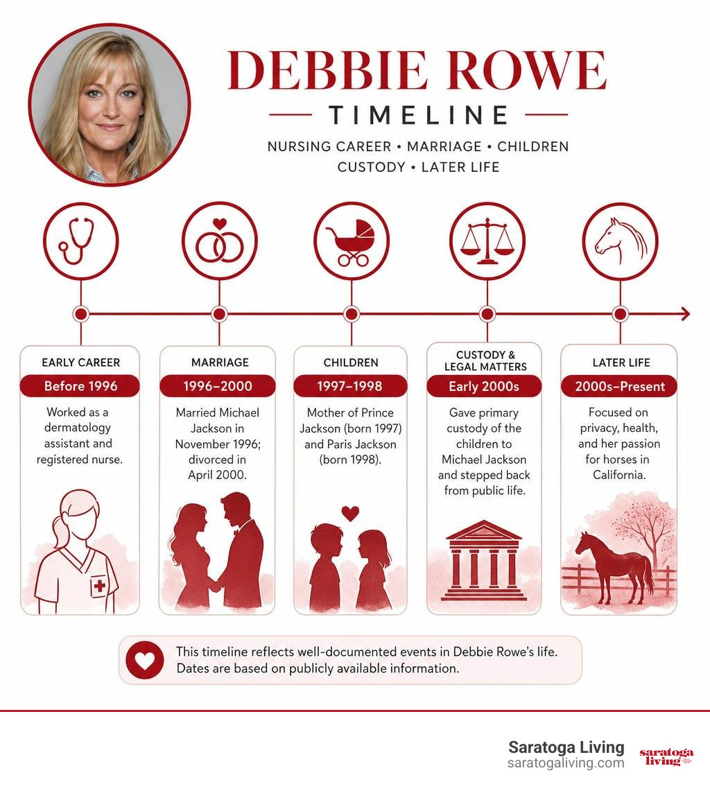 Debbie Rowe timeline: nursing career, marriage, children, custody, later life infographic