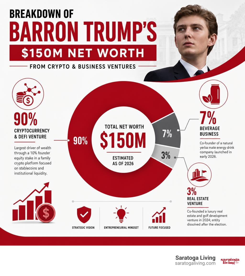 Breakdown of Barron Trump's $150M Net Worth from crypto and business ventures infographic