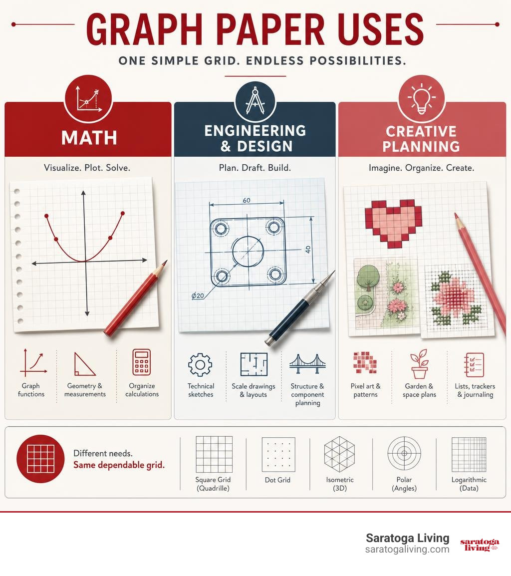 Infographic comparing graph paper uses in math engineering design and creative planning infographic Infographic comparing graph paper uses in math engineering design and creative planning infographic