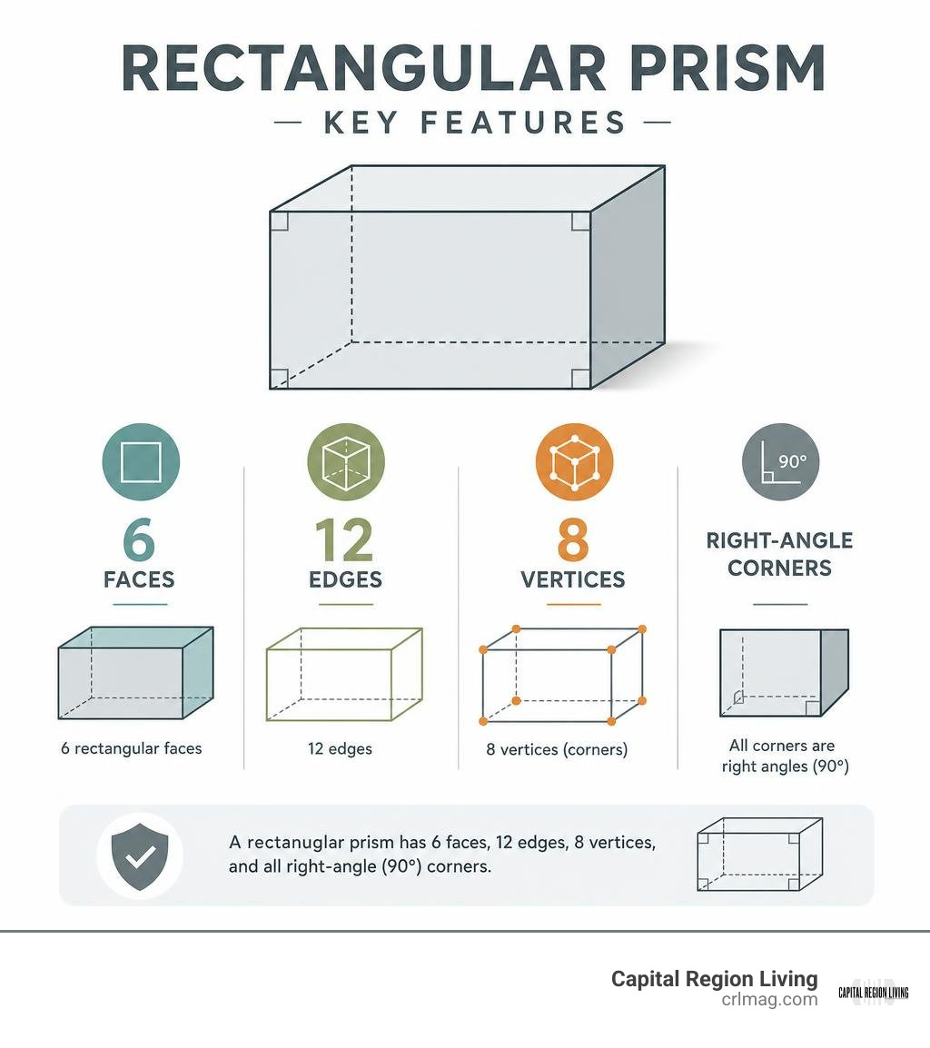 Rectangular prism features: 6 faces, 12 edges, 8 vertices, and right-angle corners infographic