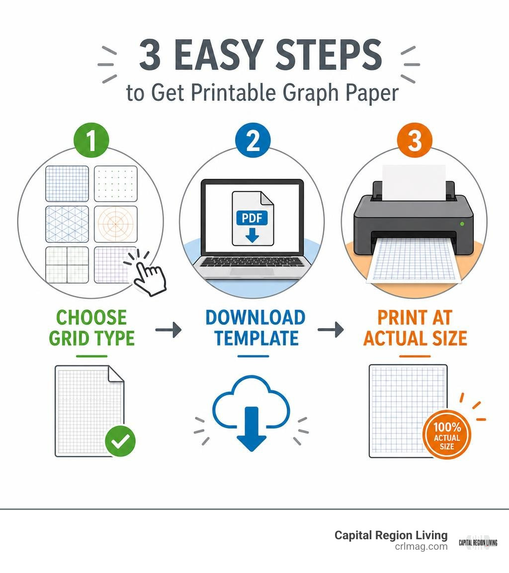 Three steps: choose grid type, download template, print at actual size infographic