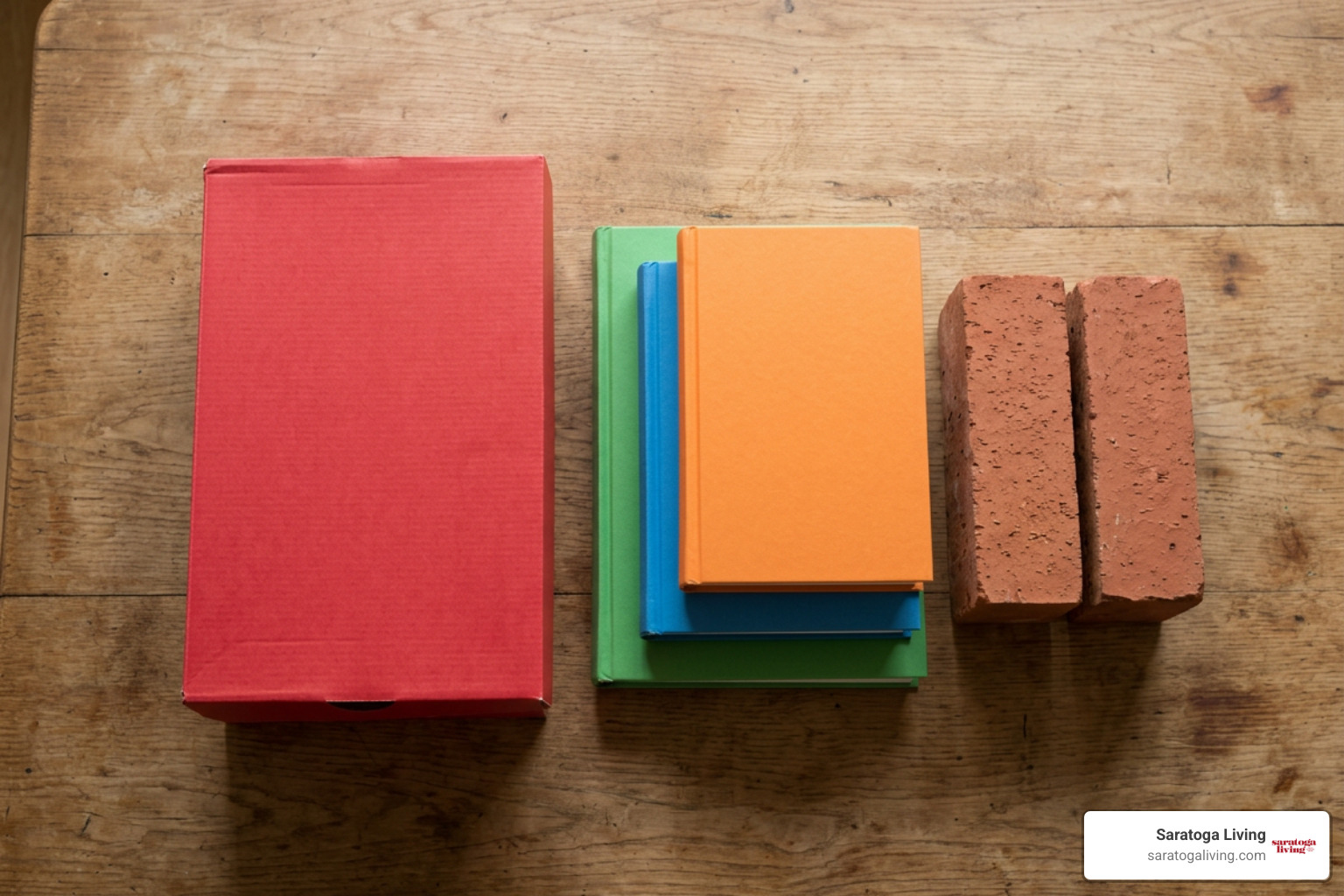 Everyday rectangular prism objects including shoeboxes, books, and bricks