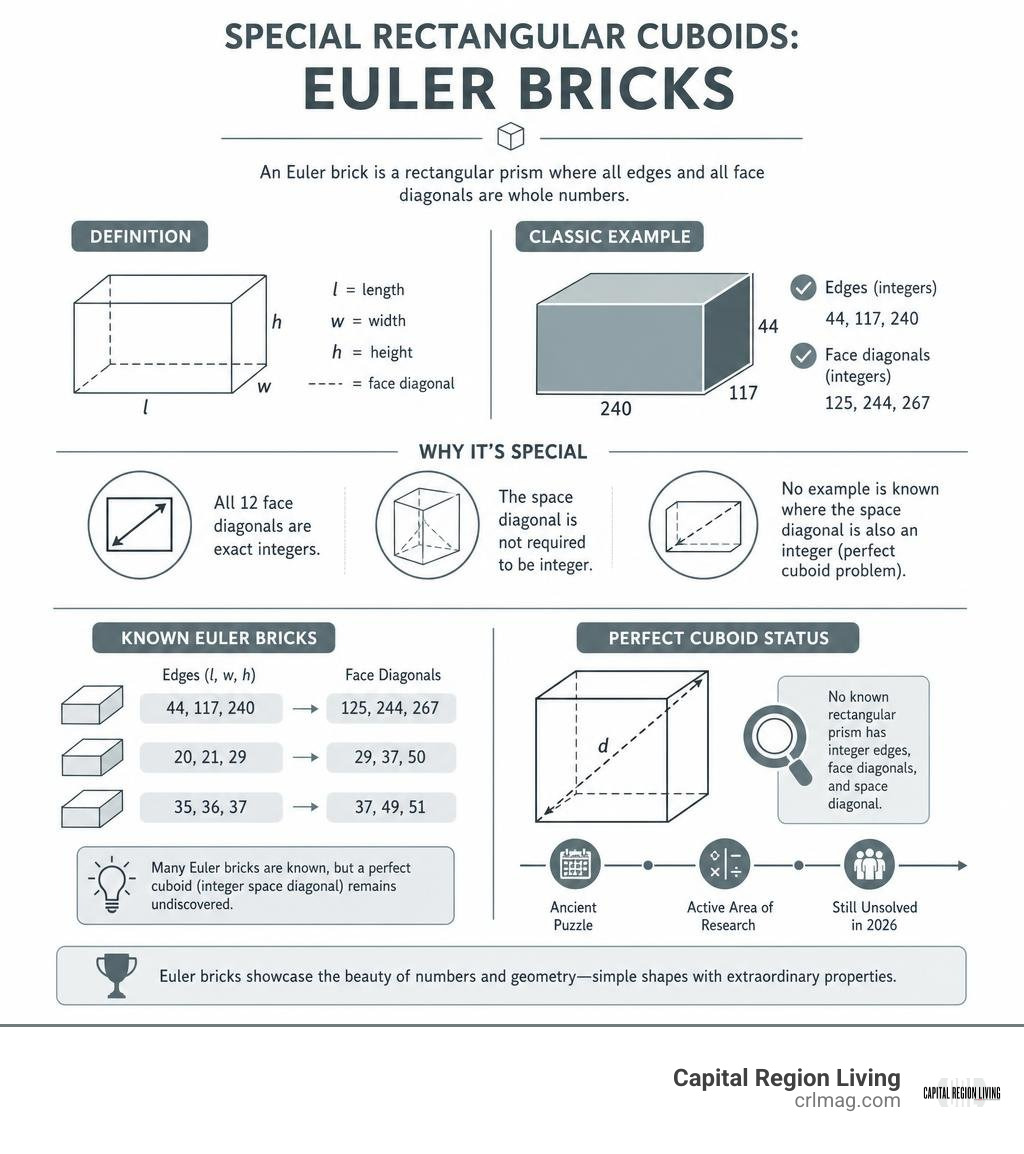 Statistical data on special rectangular cuboids like Euler bricks infographic