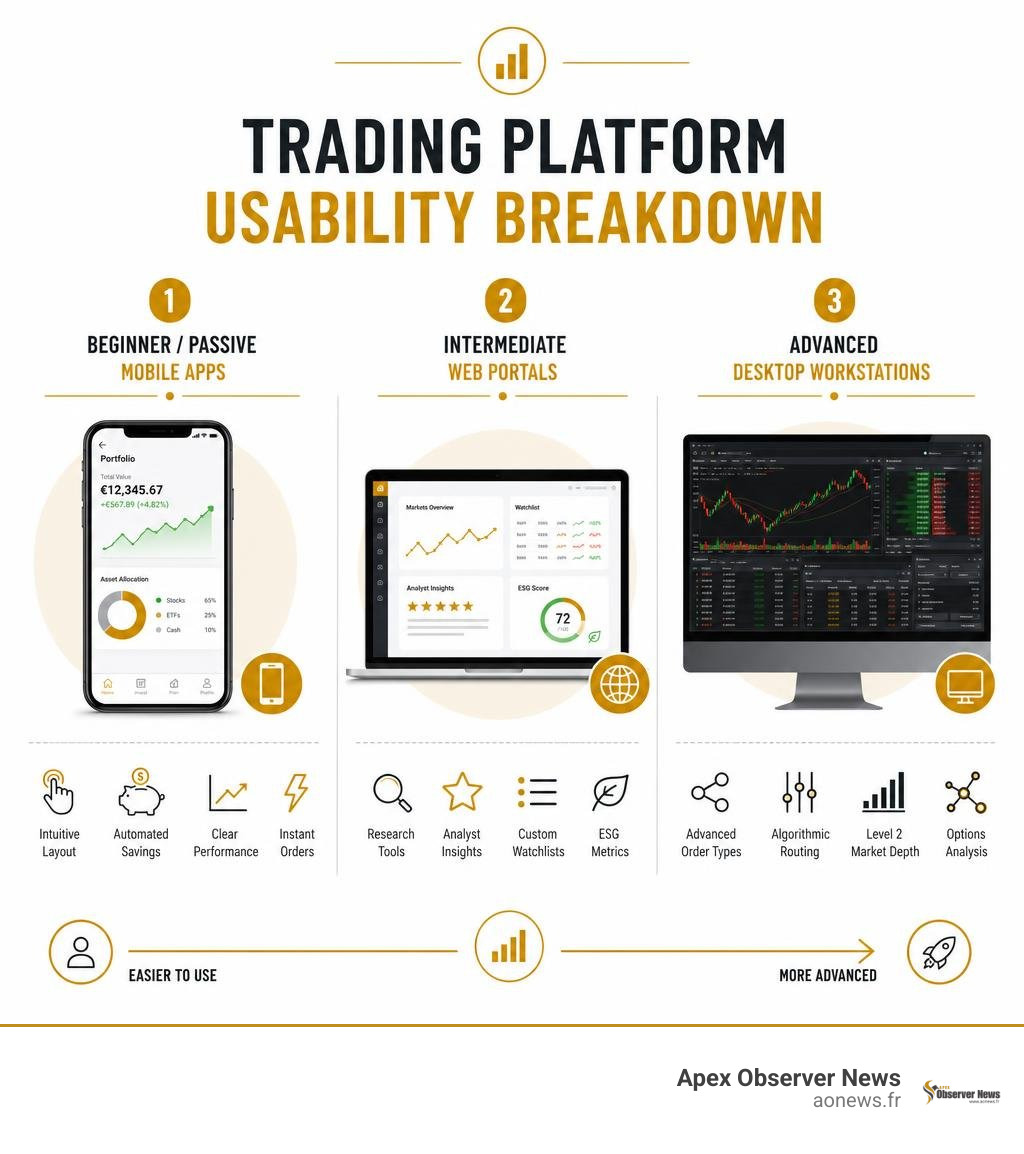 Trading platform usability breakdown infographic Trading platform usability breakdown infographic