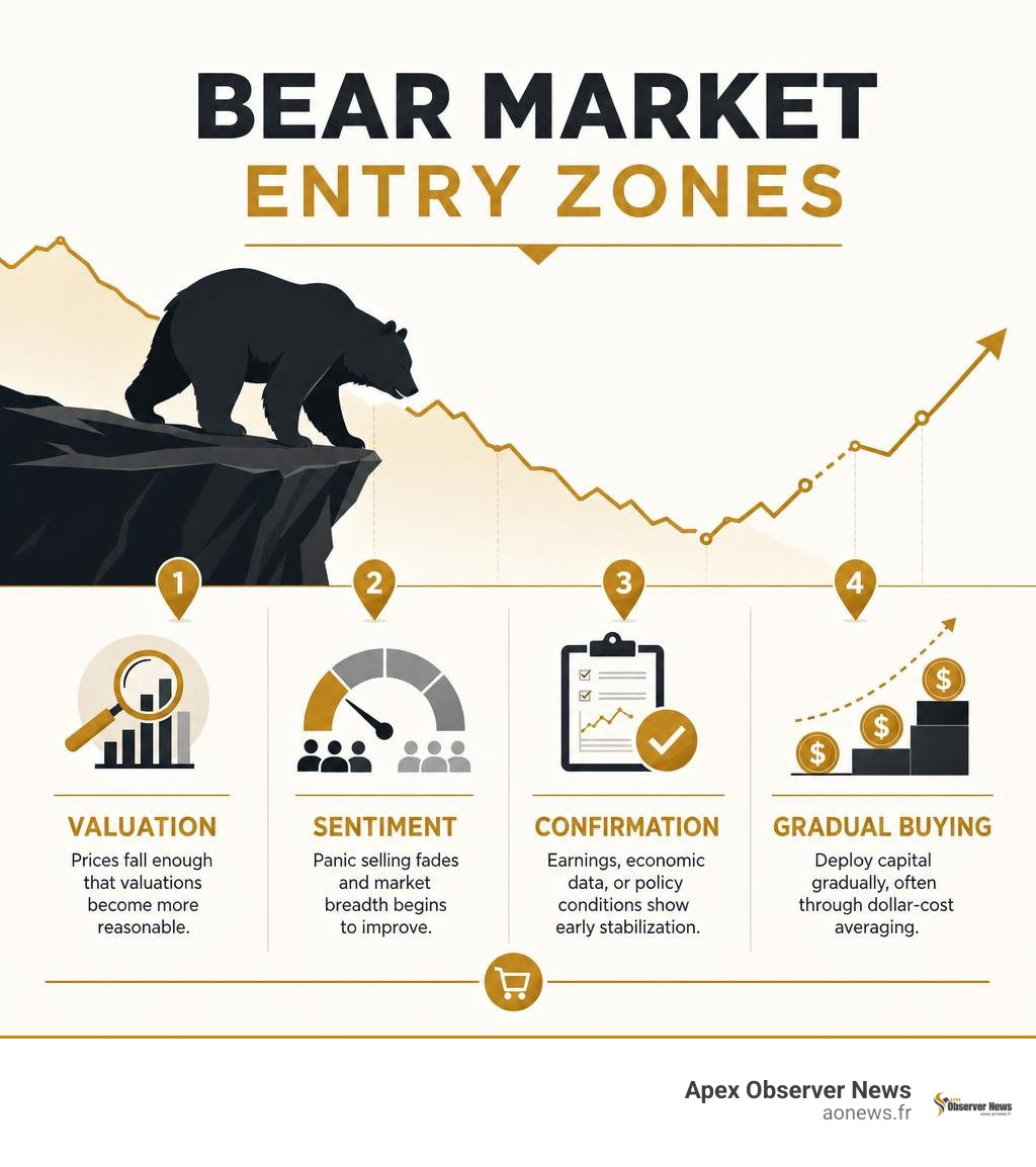 Infographic showing bear market entry zones: valuation, sentiment, confirmation, gradual buying infographic Infographic showing bear market entry zones: valuation, sentiment, confirmation, gradual buying infographic
