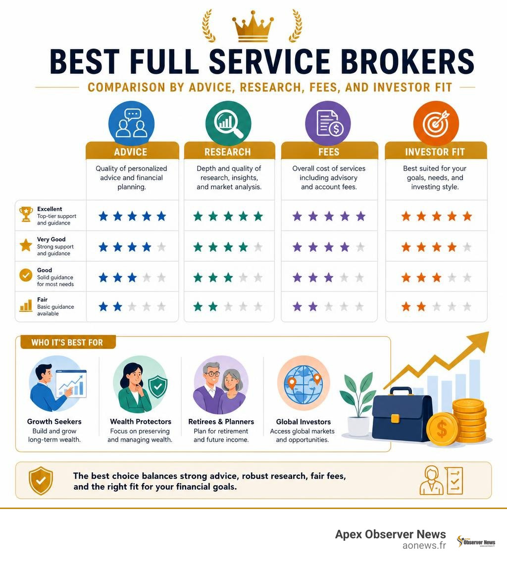 Best full service brokers comparison by advice, research, fees, and investor fit infographic