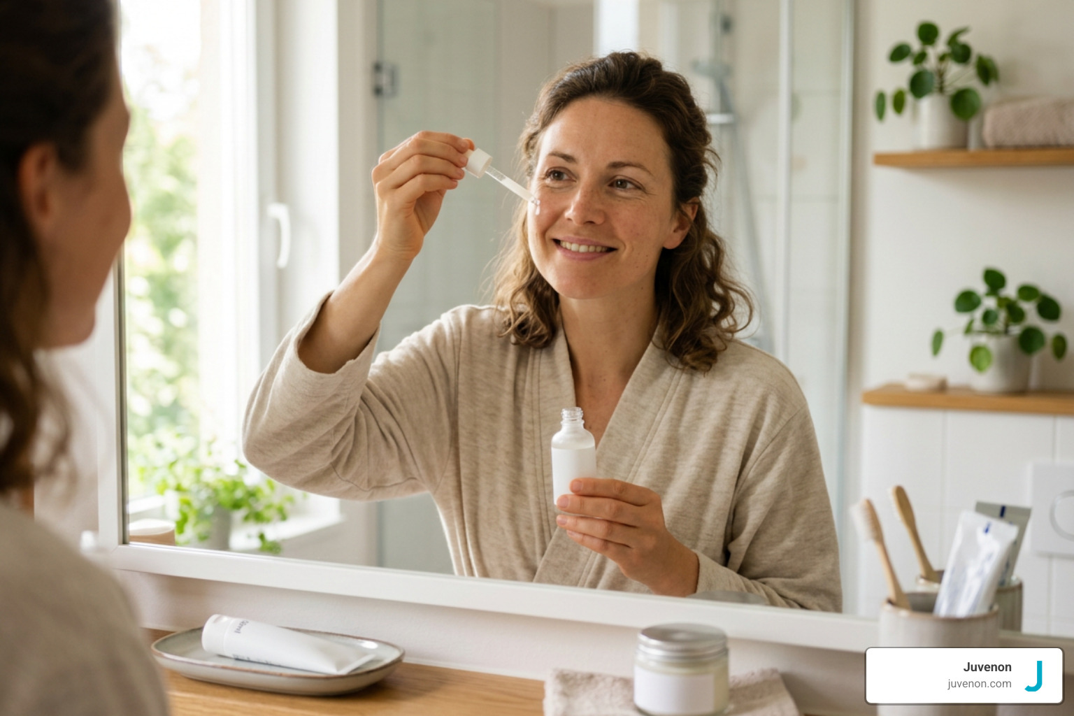 Daily anti-aging skincare application with sunscreen and serums