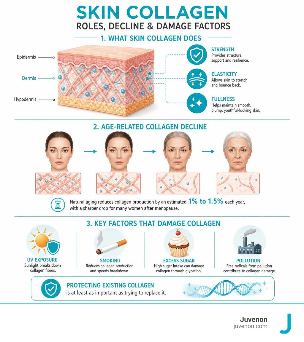 Infographic showing skin collagen roles, age-related decline, and key damage factors infographic
