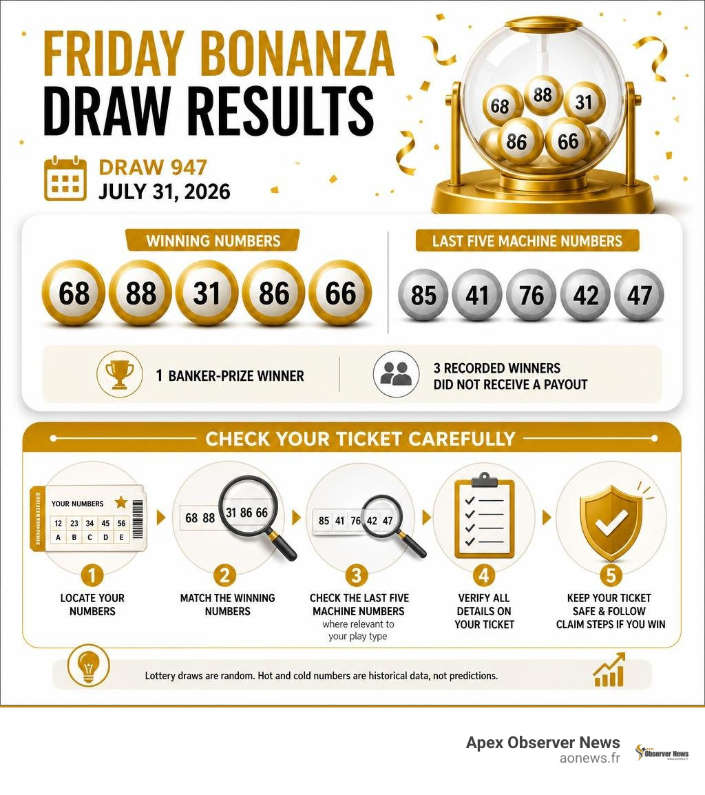 Friday Bonanza draw results and ticket-checking overview infographic Friday Bonanza draw results and ticket-checking overview infographic
