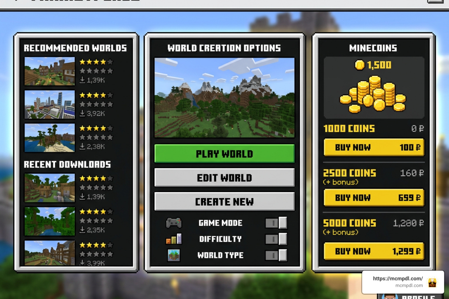 Marketplace download screen on Bedrock client showing Minecoins purchase and world creation options Marketplace download screen on Bedrock client showing Minecoins purchase and world creation options
