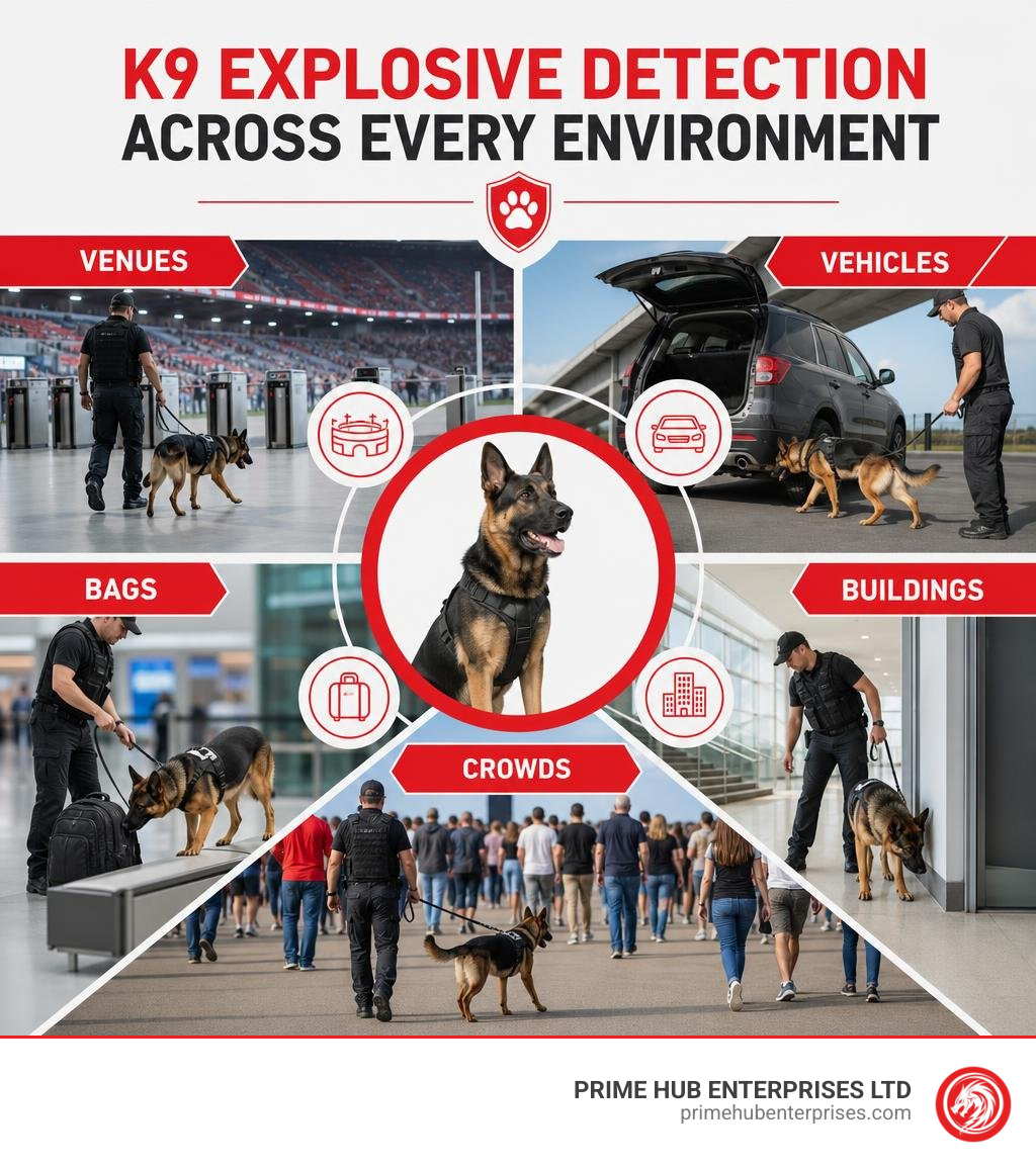 Infographic showing K9 explosive detection across venues, vehicles, bags, buildings and crowds infographic Infographic showing K9 explosive detection across venues, vehicles, bags, buildings and crowds infographic