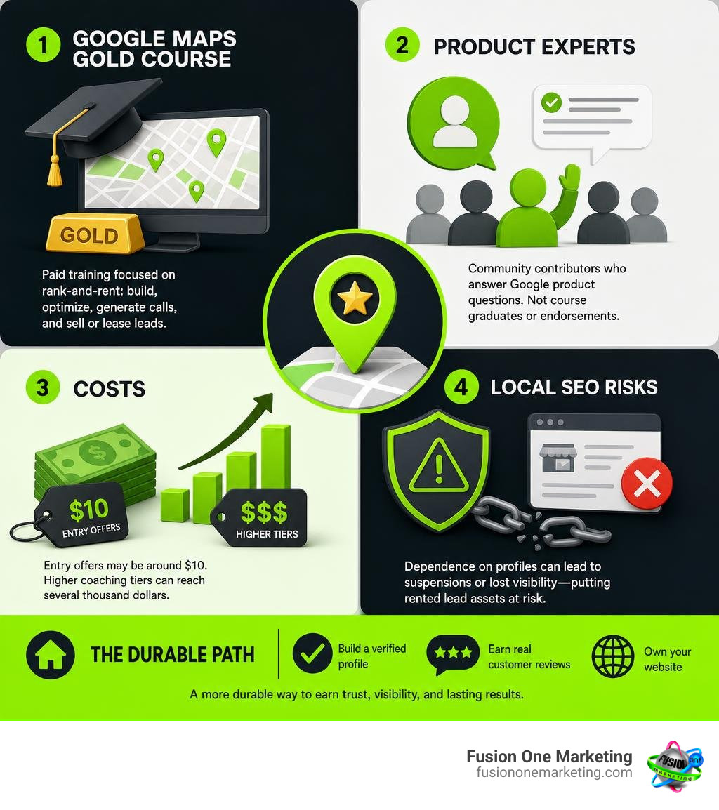 Google Maps Gold course, Product Experts, costs, and local SEO risks infographic Google Maps Gold course, Product Experts, costs, and local SEO risks infographic