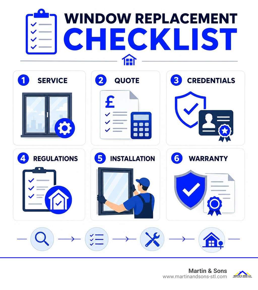 Window replacement checklist: service, quote, credentials, regulations, installation, warranty infographic Window replacement checklist: service, quote, credentials, regulations, installation, warranty infographic