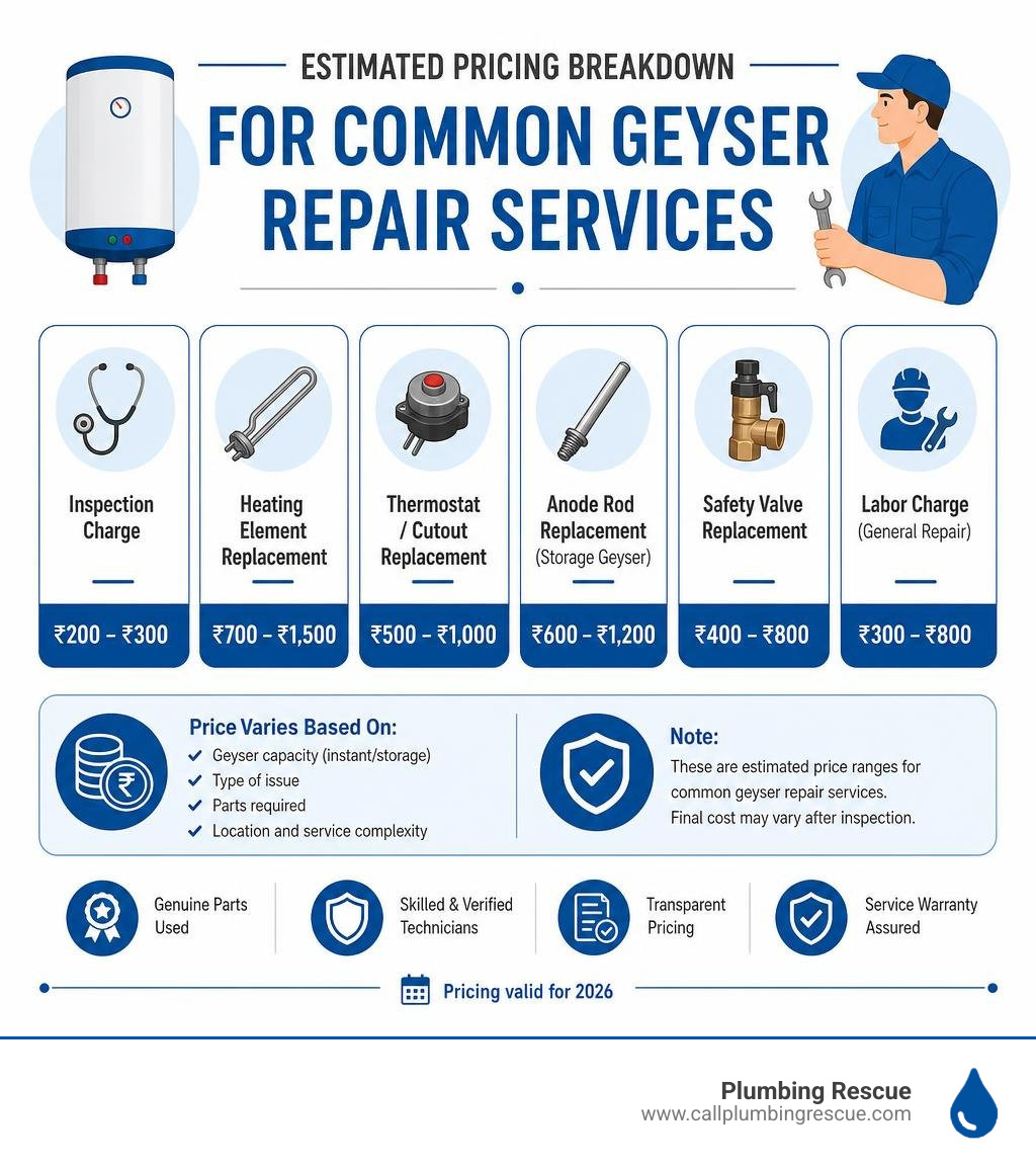 Estimated pricing breakdown for common geyser repair services infographic Estimated pricing breakdown for common geyser repair services infographic