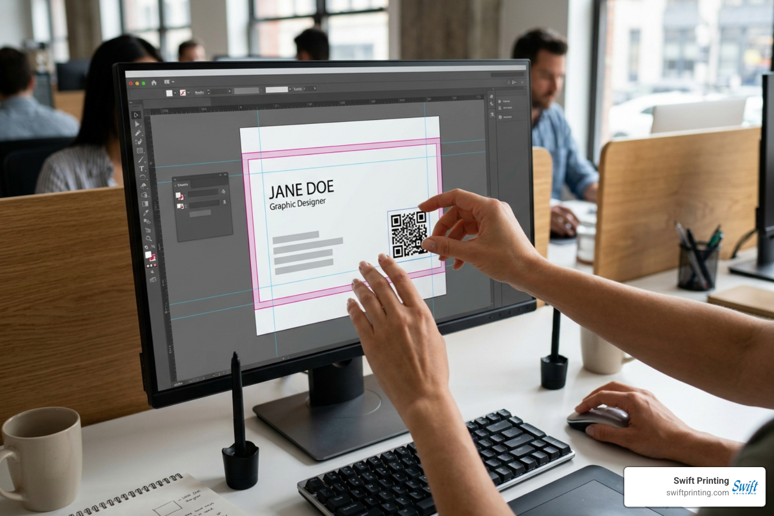Graphic designer carefully positioning a QR code within safe print bleed margins