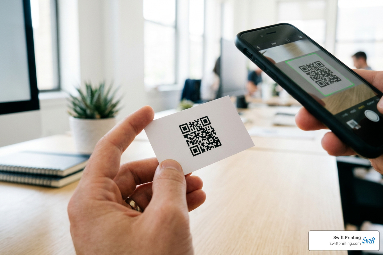 User performing preflight test scan of a business card QR code under bright lighting