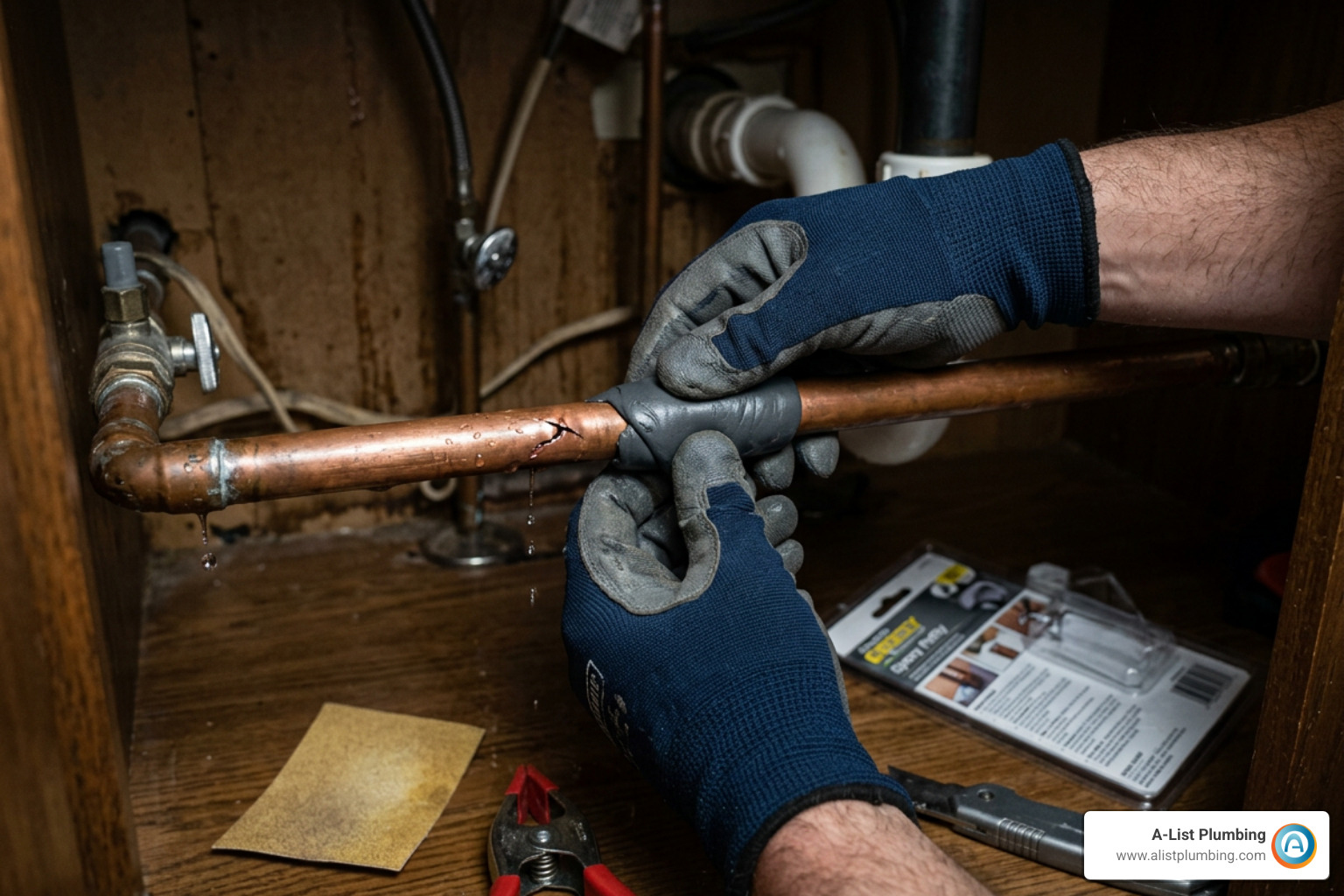 applying epoxy putty to a leaking pipe