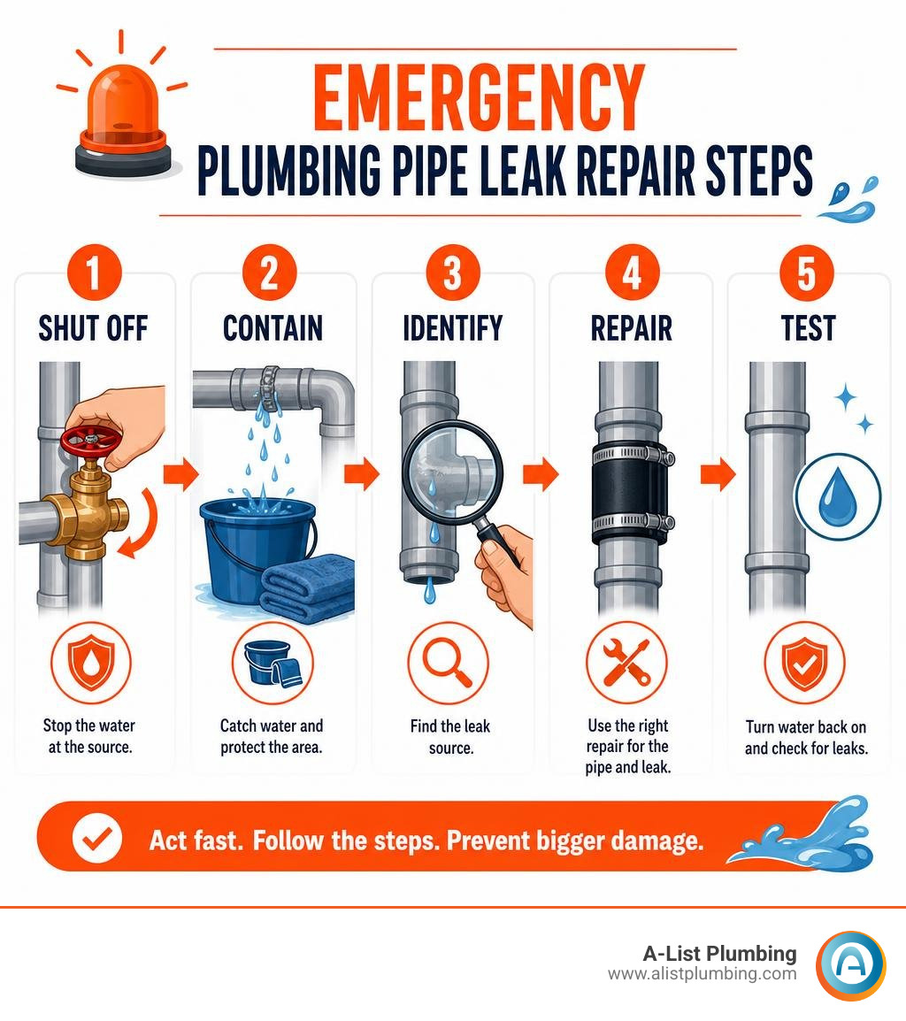 Emergency plumbing pipe leak repair steps: shut off, contain, identify, repair, test infographic