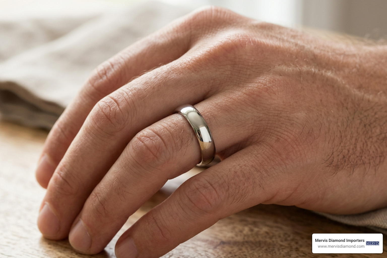 Male hand wearing a sleek 6mm wedding band Male hand wearing a sleek 6mm wedding band