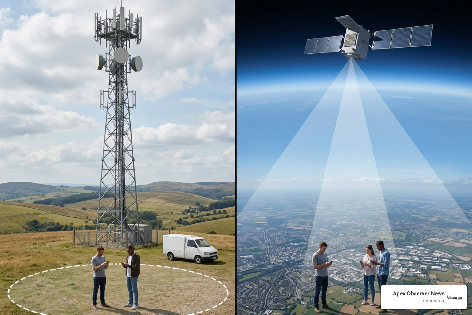 Comparing satellite direct-to-cell coverage against traditional land towers Comparing satellite direct-to-cell coverage against traditional land towers