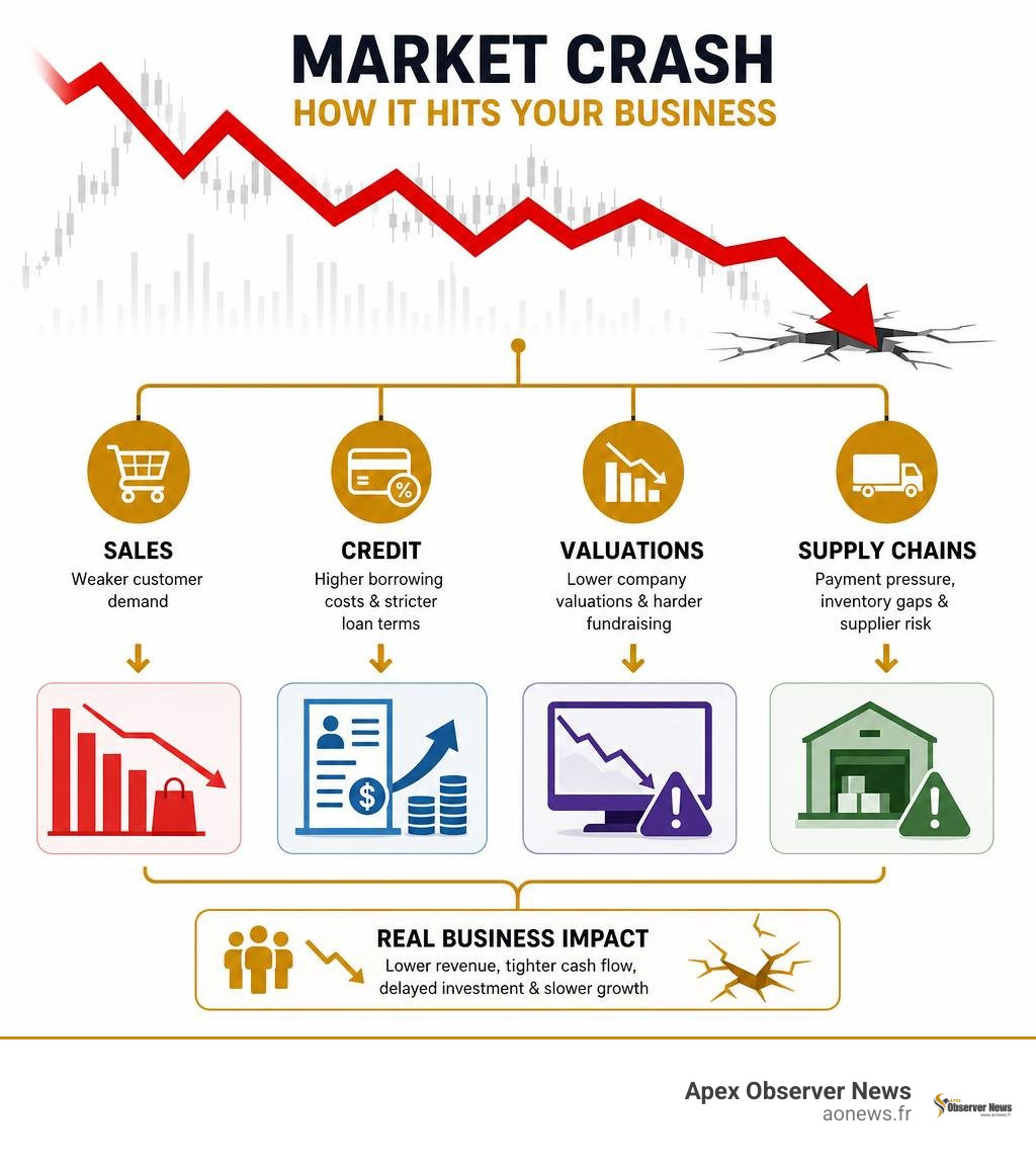 Infographic showing market crash effects on sales credit valuations and supply chains infographic