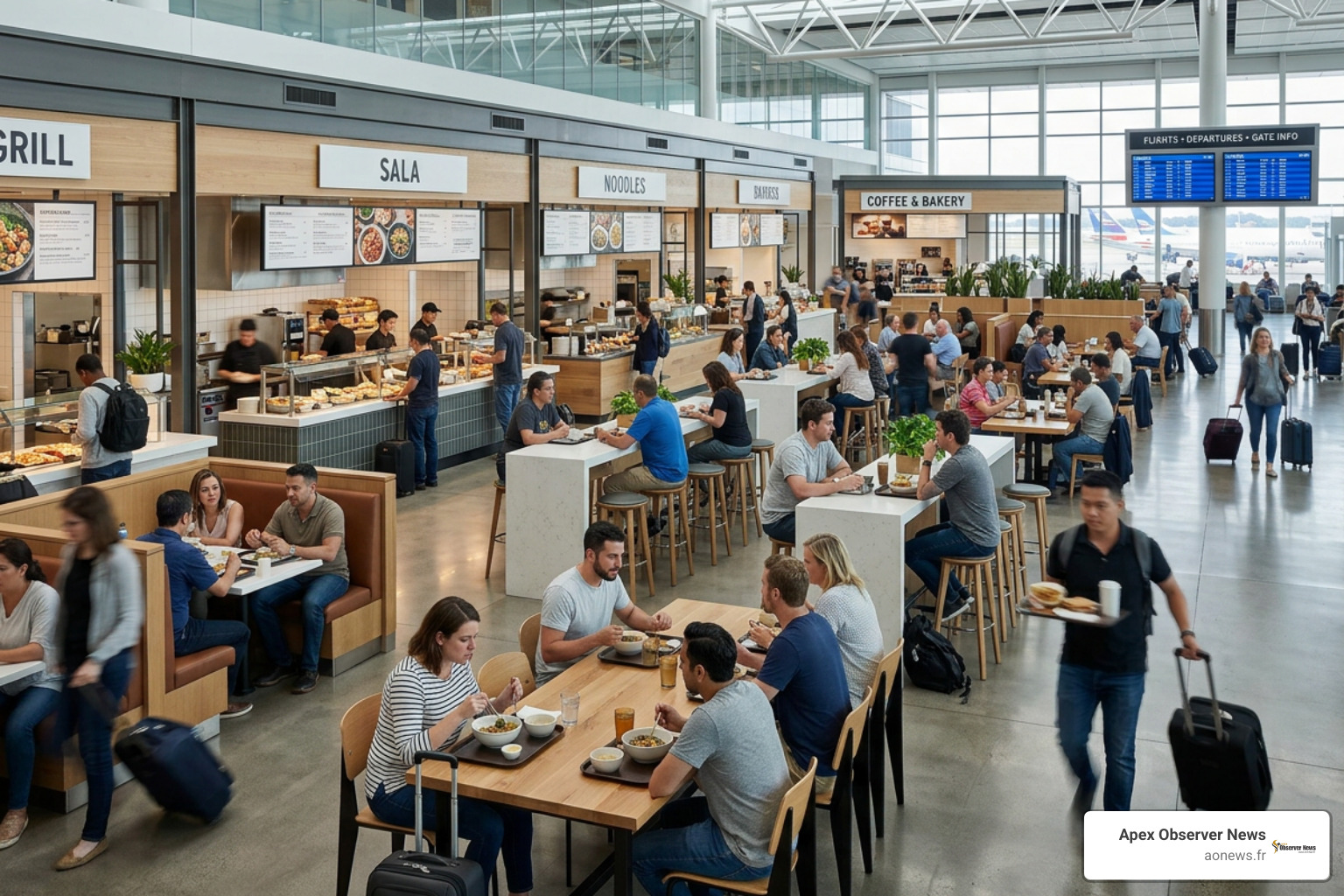 The Boroughs Food Hall dining interior in Terminal 8