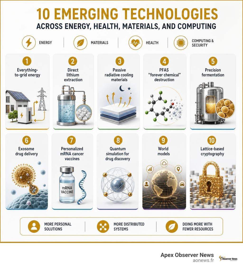 Infographic of 10 emerging technologies across energy, health, materials, and computing infographic