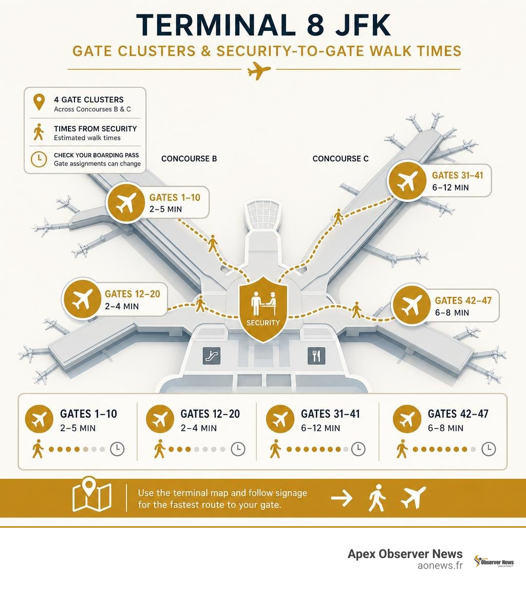 Terminal 8 JFK gate clusters and security-to-gate walk times infographic