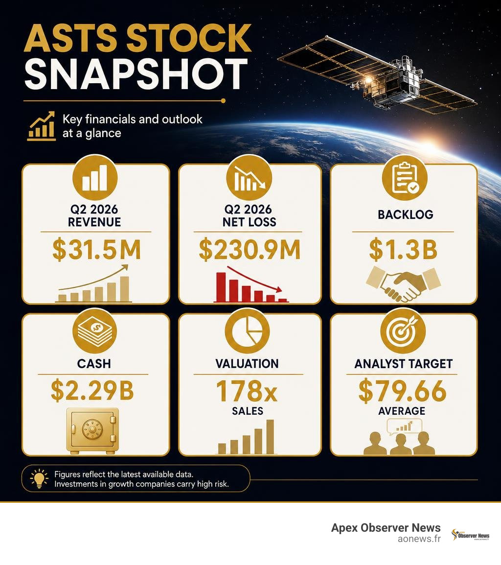 ASTS stock snapshot showing revenue loss backlog cash valuation and analyst target infographic ASTS stock snapshot showing revenue loss backlog cash valuation and analyst target infographic
