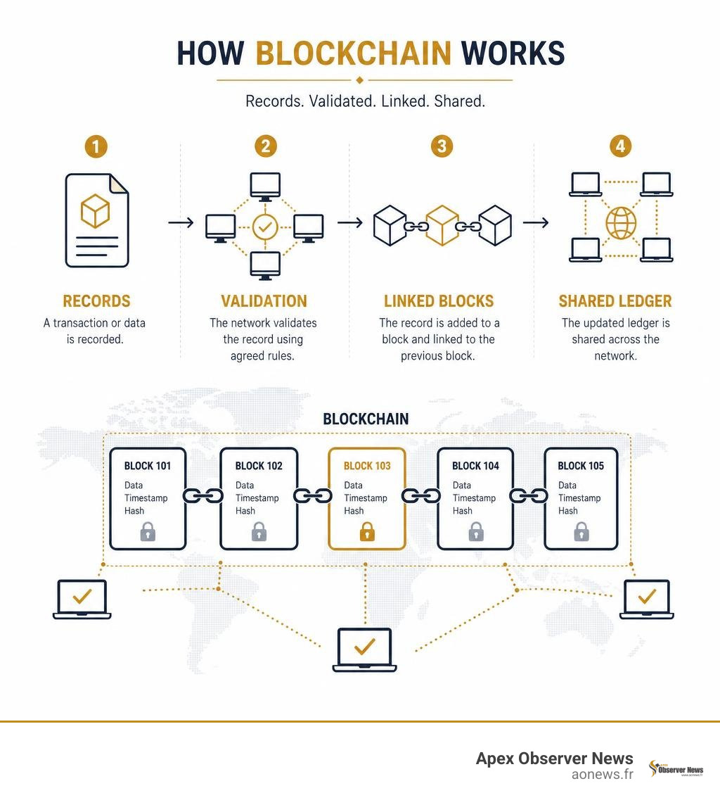 Infographic showing blockchain records, validation, linked blocks, and shared ledger infographic