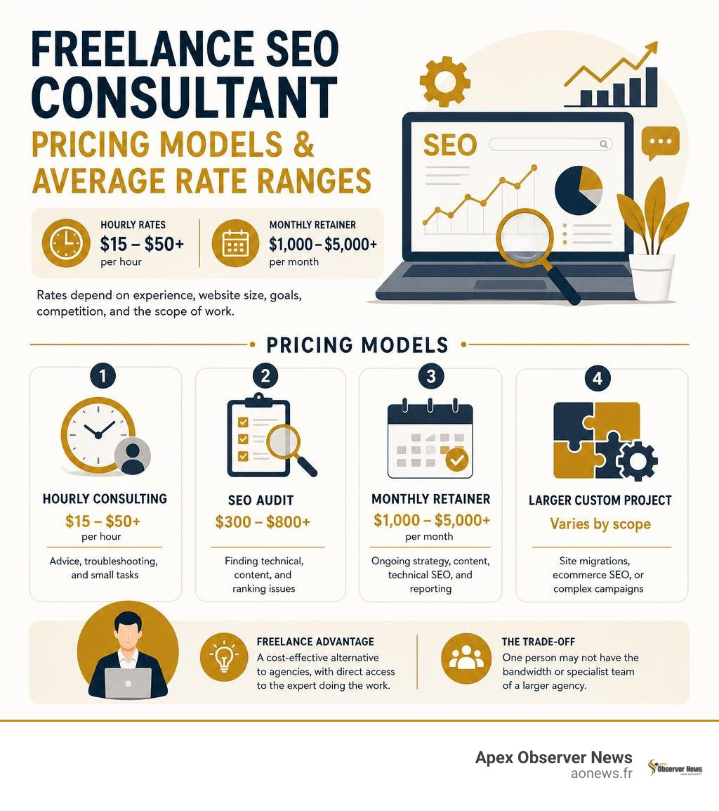 Freelance SEO consultant pricing models and average rate ranges infographic