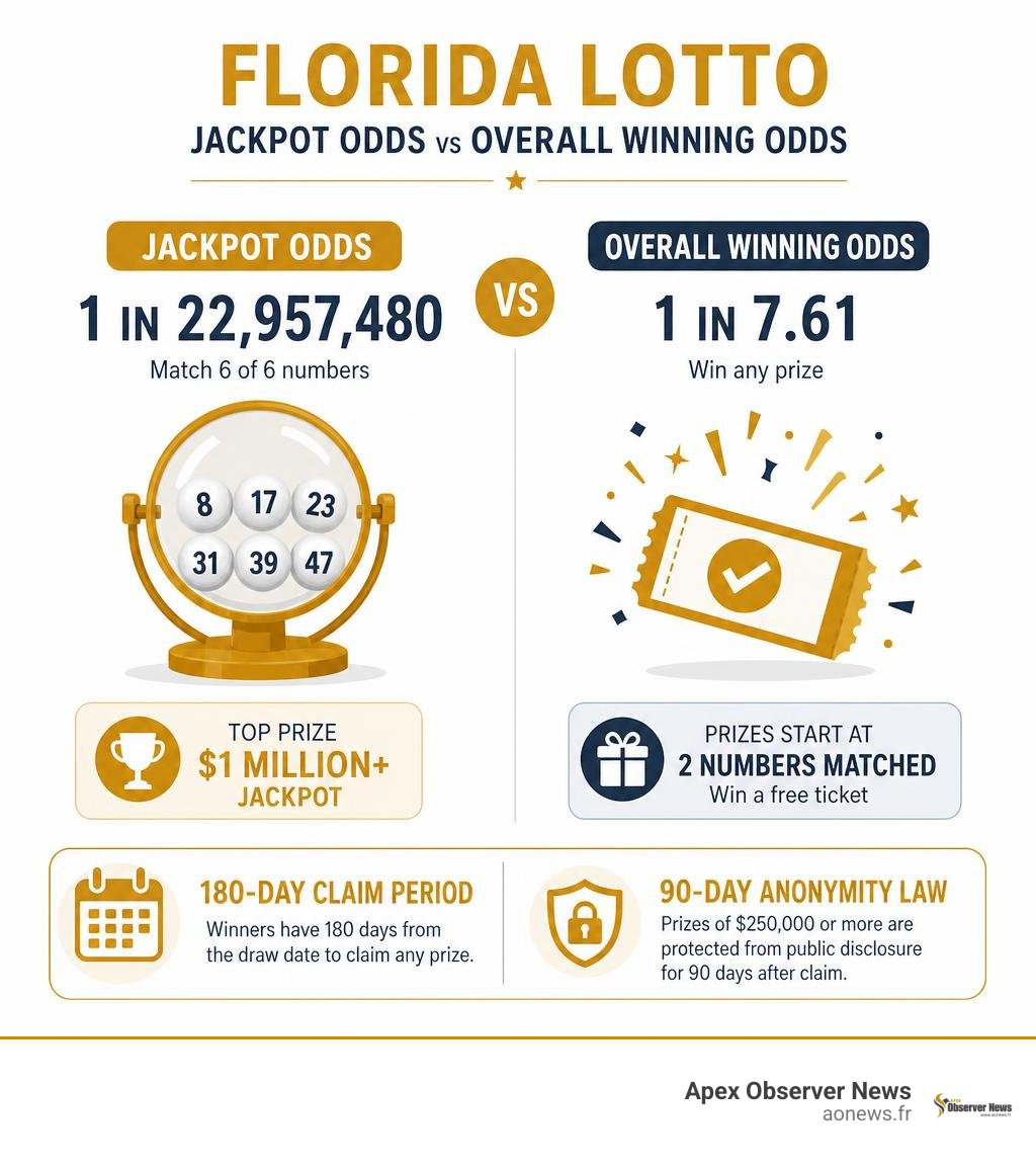 Infographic comparing Florida Lotto jackpot odds versus overall winning odds infographic