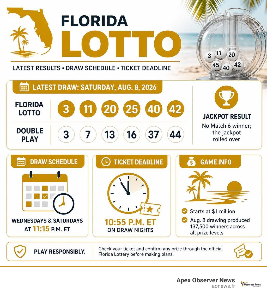 Florida Lotto results infographic with draw schedule, latest numbers, and ticket deadline infographic