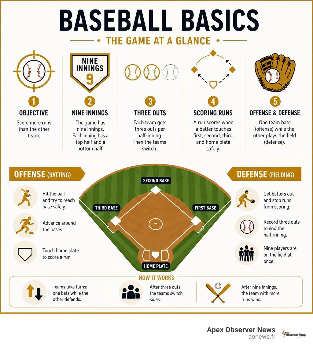 Baseball basics: objective, nine innings, three outs, scoring runs, offense and defense infographic