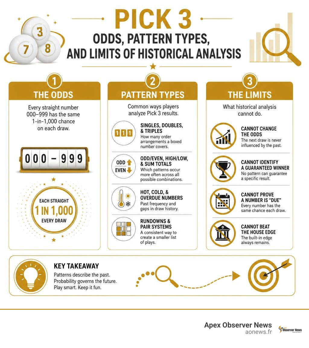 Pick 3 odds, pattern types, and limits of historical analysis infographic