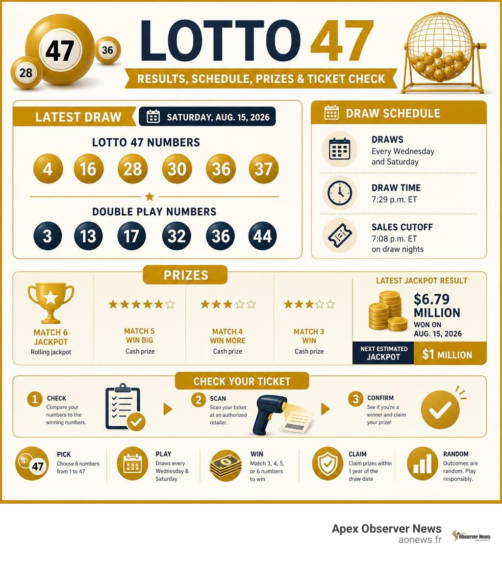 Lotto 47 results, draw schedule, prizes, and ticket-checking summary infographic