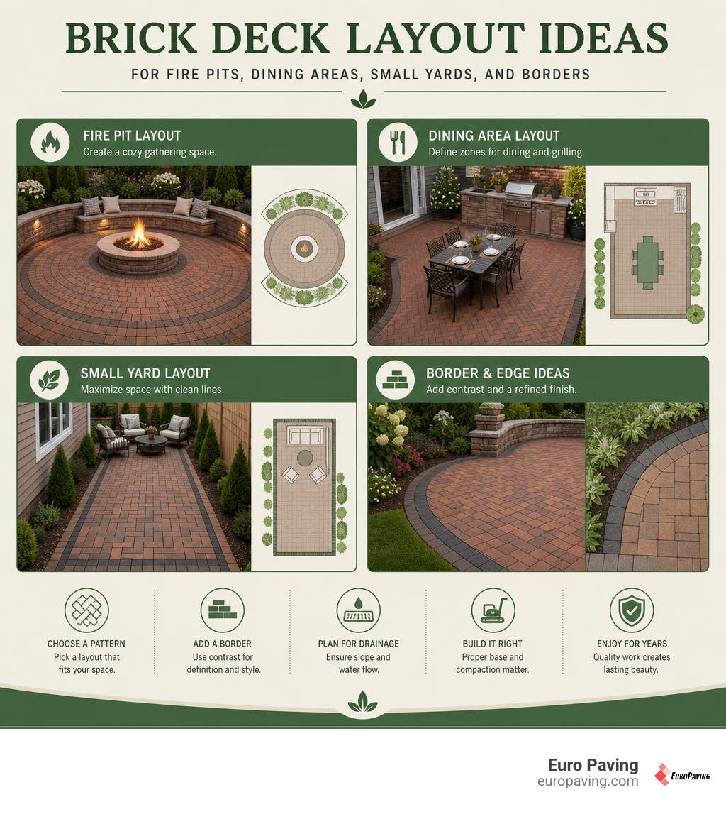 Brick deck layout ideas for fire pits, dining areas, small yards, and borders infographic