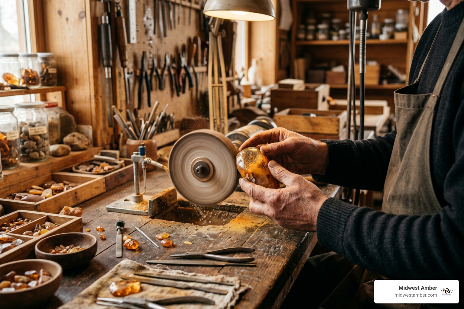 Artisan crafting Baltic amber jewelry in a traditional workshop Artisan crafting Baltic amber jewelry in a traditional workshop