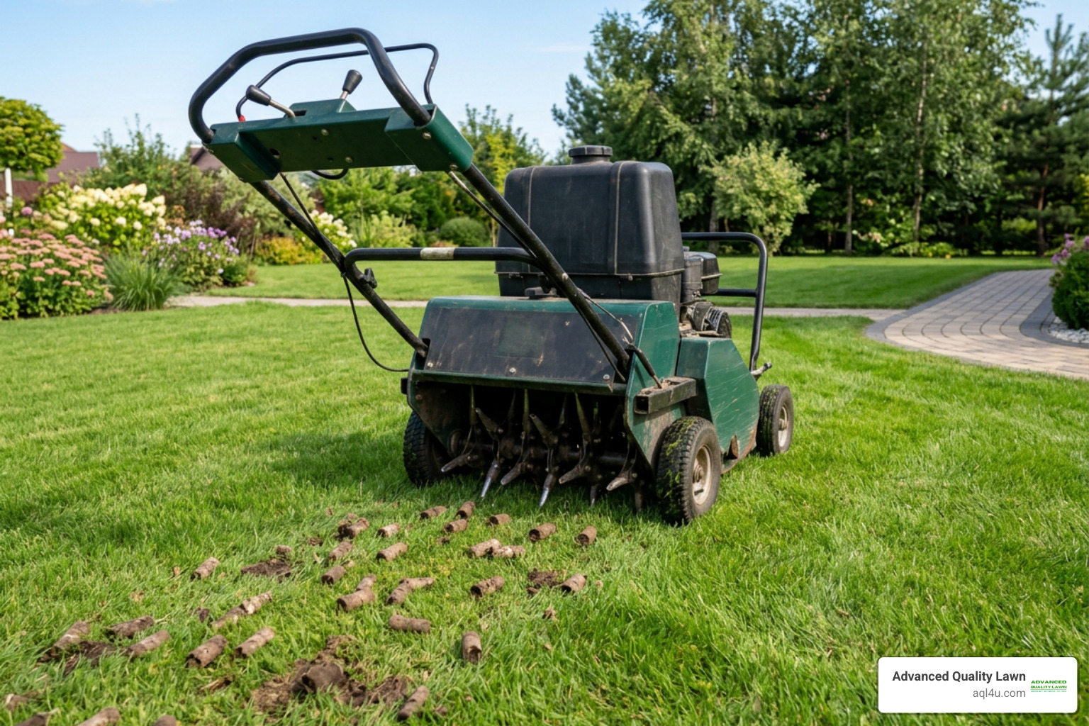 A walk-behind core aerator pulling soil plugs on a green lawn