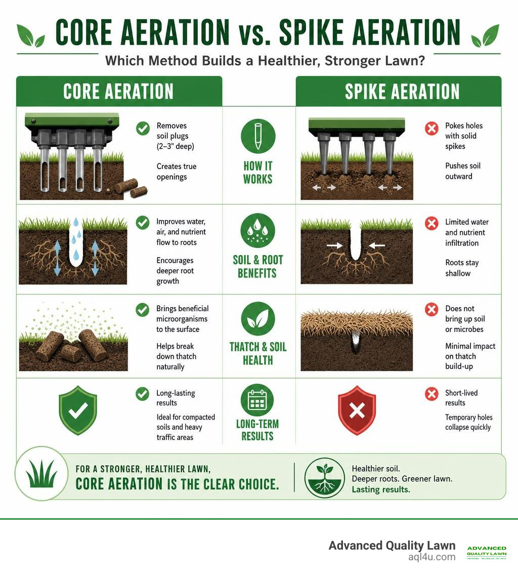 Comparison table of core aeration vs spike aeration for lawn health infographic