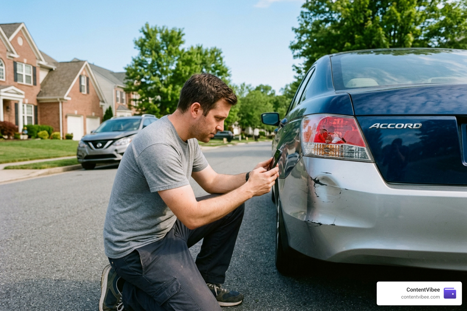 Driver taking smartphone photos of physical property damage at an accident scene