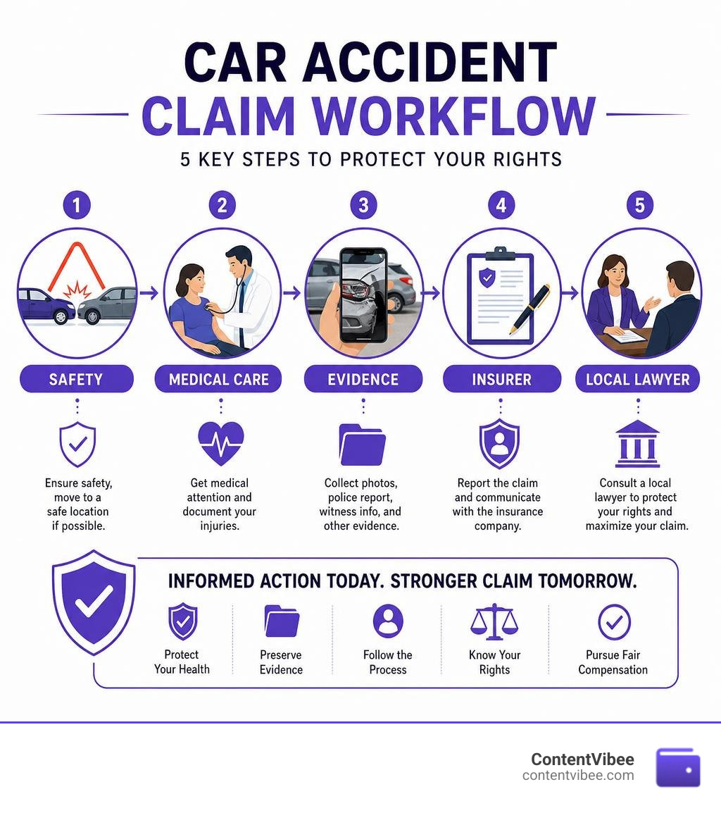 Car accident claim workflow: safety, medical care, evidence, insurer, local lawyer infographic