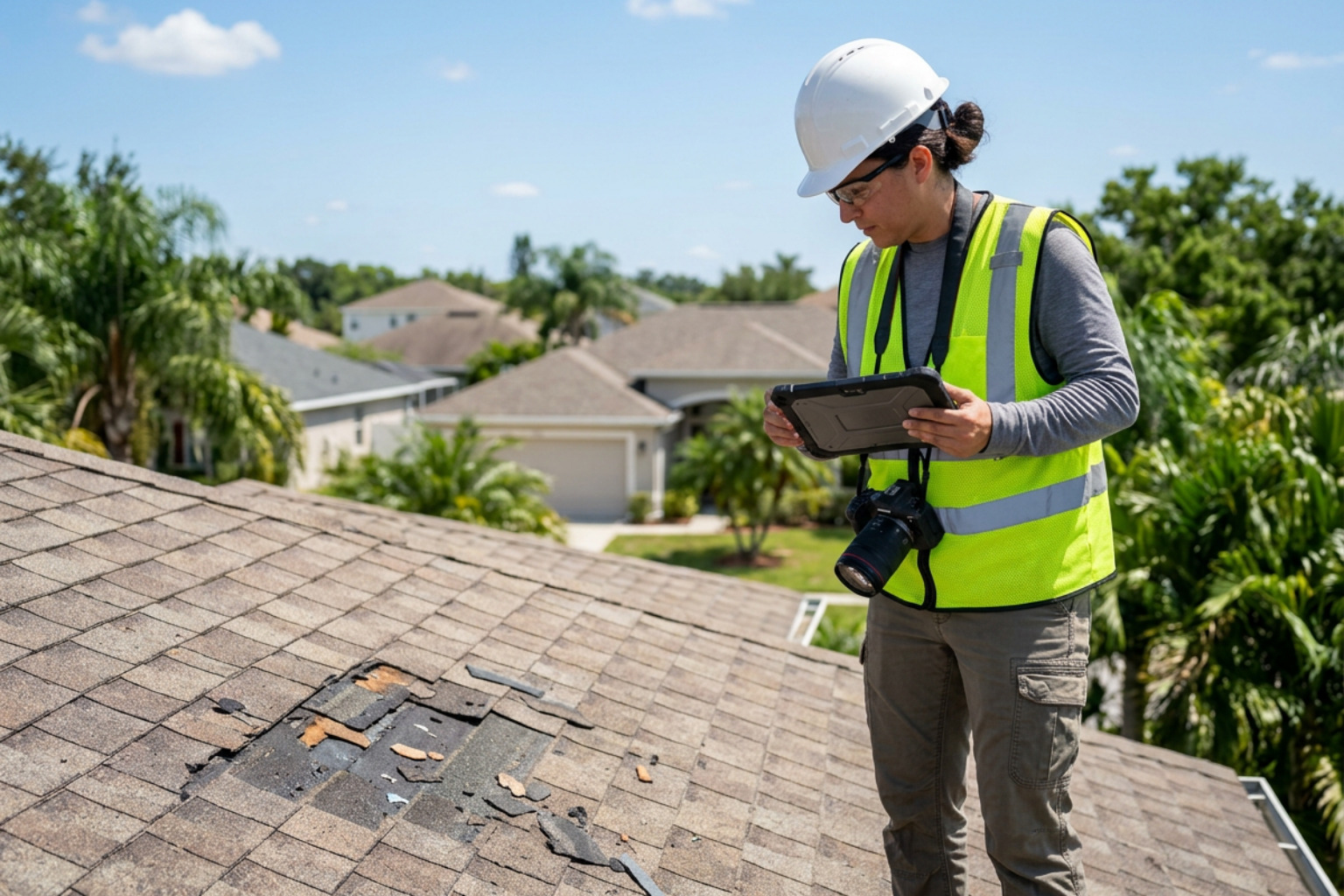 Professional roof inspector documenting wind damage